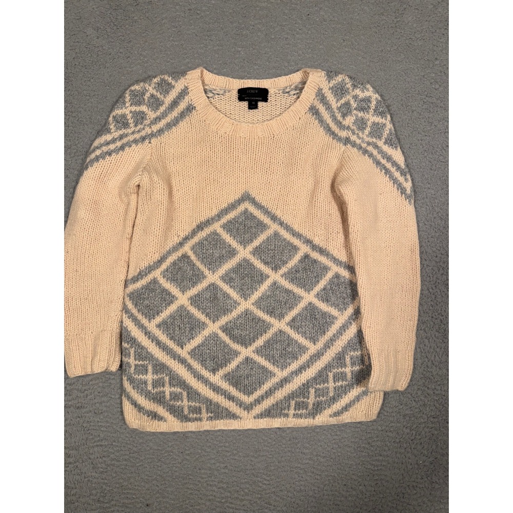J Crew Women's Cream Gray Argyle Knit Sweater Cashmere Blend XS